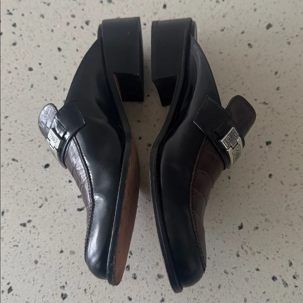 Brighton DEEDEE VINTAGE Black Brown Leather Mules Loafers Made in Italy Size 7.5